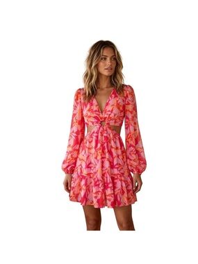 Jessica Simpson Pink & Coral Floral Cutout Long-Sleeve Mini Dress